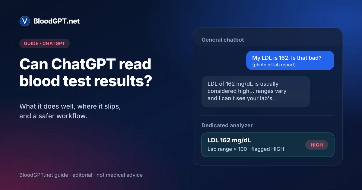 Phone showing an AI chat explaining a blood test beside a printed lab report with values and reference ranges